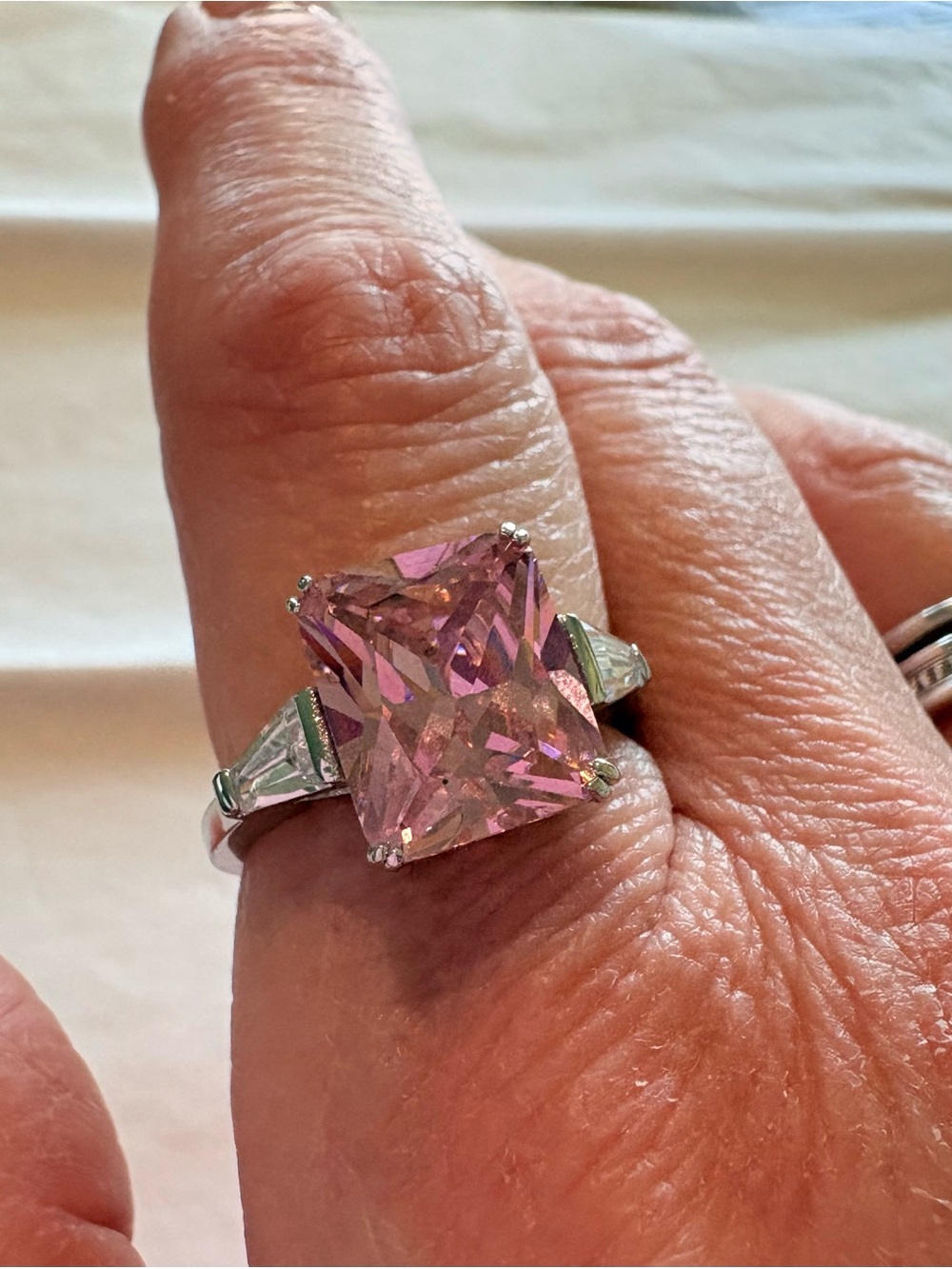 Pink Square-Cut Statement Ring in Silver